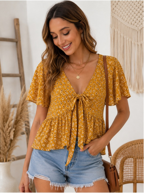 SHEIN Tops - SHEIN Mustard Floral Tie-Front Peplum Blouse Size L Cottagecore Boho Western